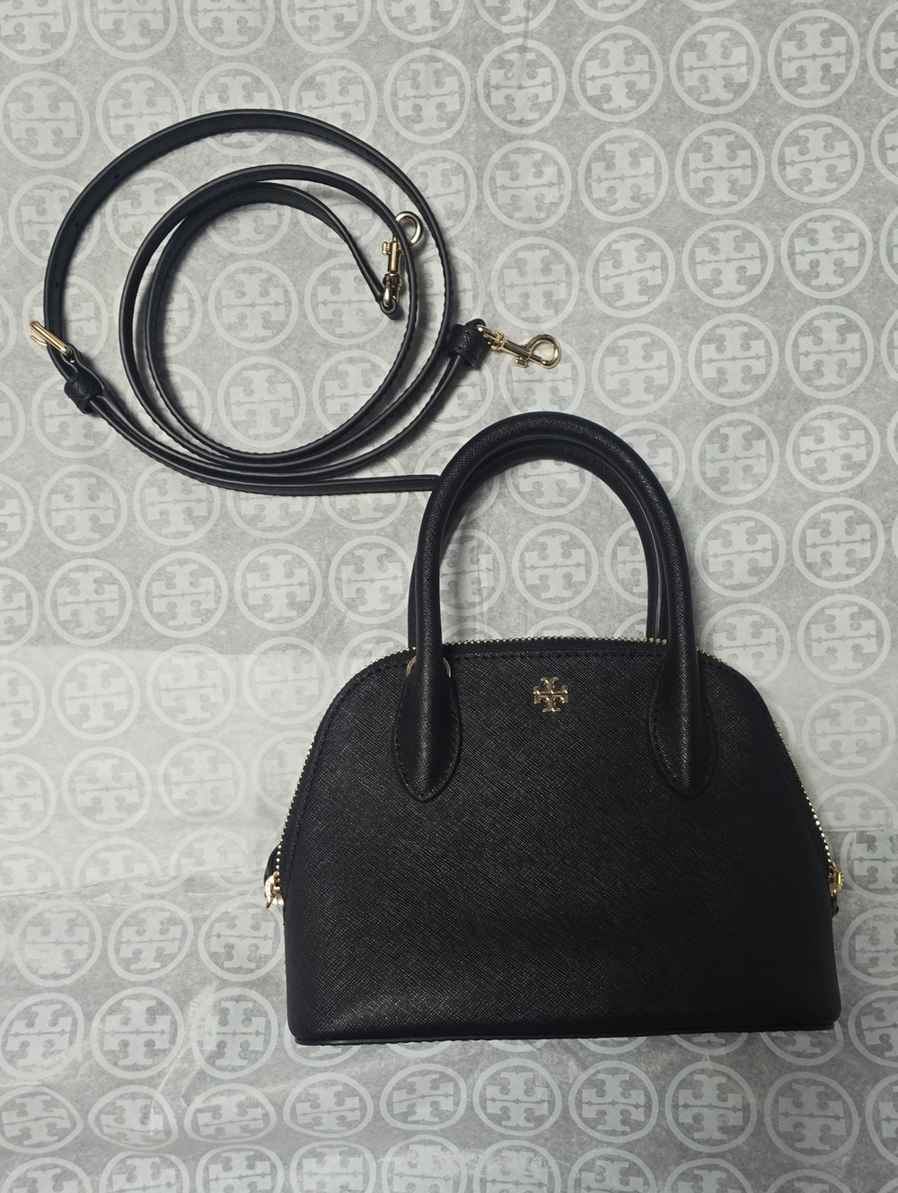 Tory Burch Black Dome Satchel with Gold Hardware and Detachable Strap